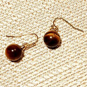 Tiger Eye Ball Earrings Natural Stone Bead Goldstone Drop Shepard Hook Summer Fe